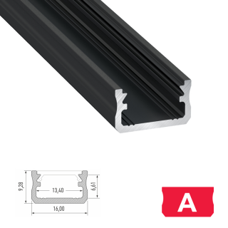 LED Aluminiumprofil Type A (1,6 x 0,93) - Oberflächenprofile - für Strips bis 12 mm | Schwarz eloxiert | 1000 mm