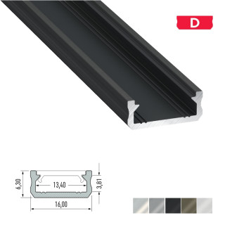 LED Aluminiumprofil Type D (1,6 x 0,63) - Oberflächenprofile extra flach - für Strips bis 12 mm | Schwarz eloxiert | 1000 mm