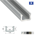 LED Aluminiumprofil Type X (1,2 x 0,8) - Oberflächenprofile flach - für Strips bis 8 mm | Silber eloxiert | 3000 mm