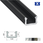 LED Aluminiumprofil Type X (1,2 x 0,8) - Oberflächenprofile flach - für Strips bis 8 mm | Schwarz eloxiert | 2020 mm