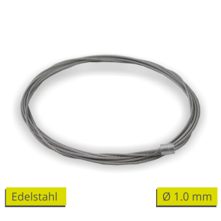 Edelstahl-Drahtseil Ø 1,0mm, 7x7 mit Zylindernippel Ø 4,8x6,0mm, Niro 1.4401, in verschiedenen Längen