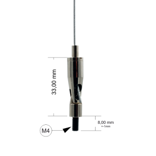 Drahtseilhalter / Gripper 15,  Gelenk mit Außengewinde M4 Gewindeüberstand 8mm, für Drahtseil Ø1,0-1,5mm | vernickelt
