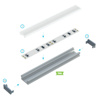 LED Aluminiumprofil Type Terra (2,0 x 0,9) - Einlegeprofile - für Strips bis 10 mm | silber eloxiert 2020 mm