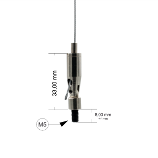 Drahtseilhalter / Gripper 15, Gelenk mit Außengewinde M5 Gewindeüberstand 8mm, für Drahtseil Ø1,0-1,5mm | vernickelt