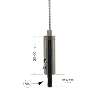 Drahtseilhalter / Gripper 15, Außengewinde M4 Gewindeüberstand 10mm, Seil Ø1,0-1,5mm | vernickelt