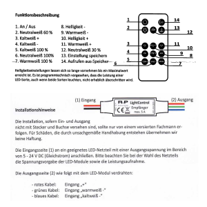 LightControl WhiteMix LED Steuerung | 5–24V DC | Inline Controller + Fernbedienung | 5A/Kanal | 25–120W | CCT Tunable White