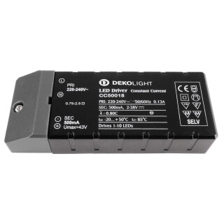 Deko-Light, Netzgerät (CC, DC), BASIC, CC, CC50018/18W, Stromkonstant, 1,0-18,0 W, Eingangsspannung: 220-240 V/AC, Ausgangsspannung min./max.: 2-38 V/DC